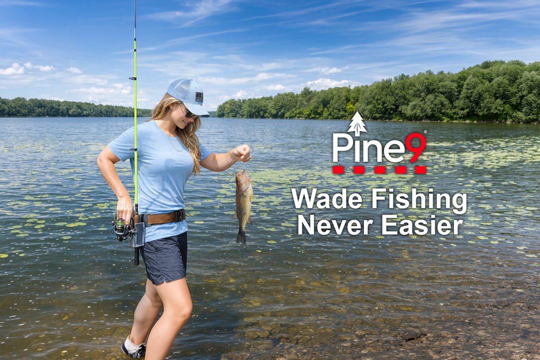 Pine 9 Fishing Rod Holster JettyHawk for Hands free fishing, woman holstering fishing rod getting ready to unhook a fish