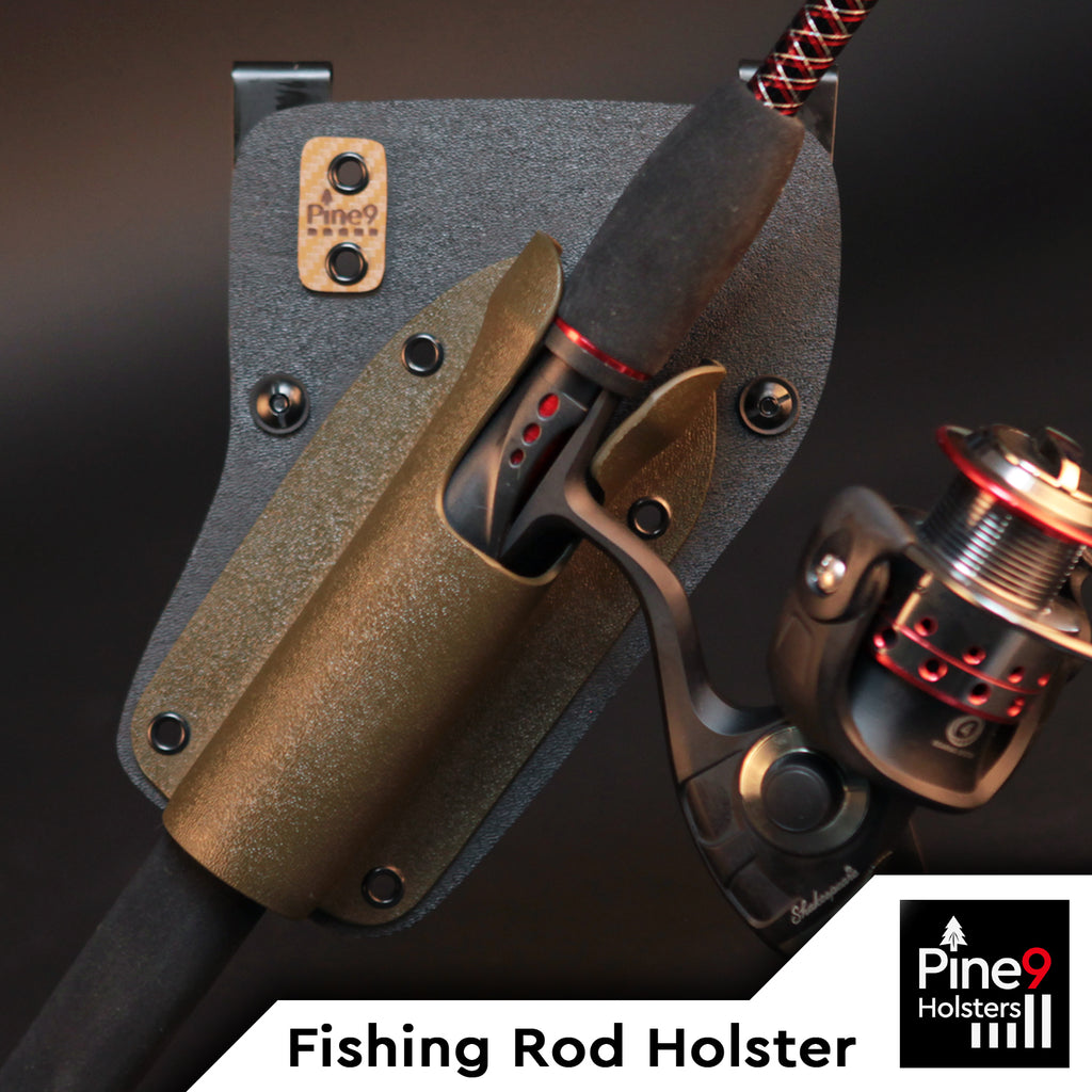 Tan Pine 9 fishing rod holster supporting spinning rod and reel in molded channel