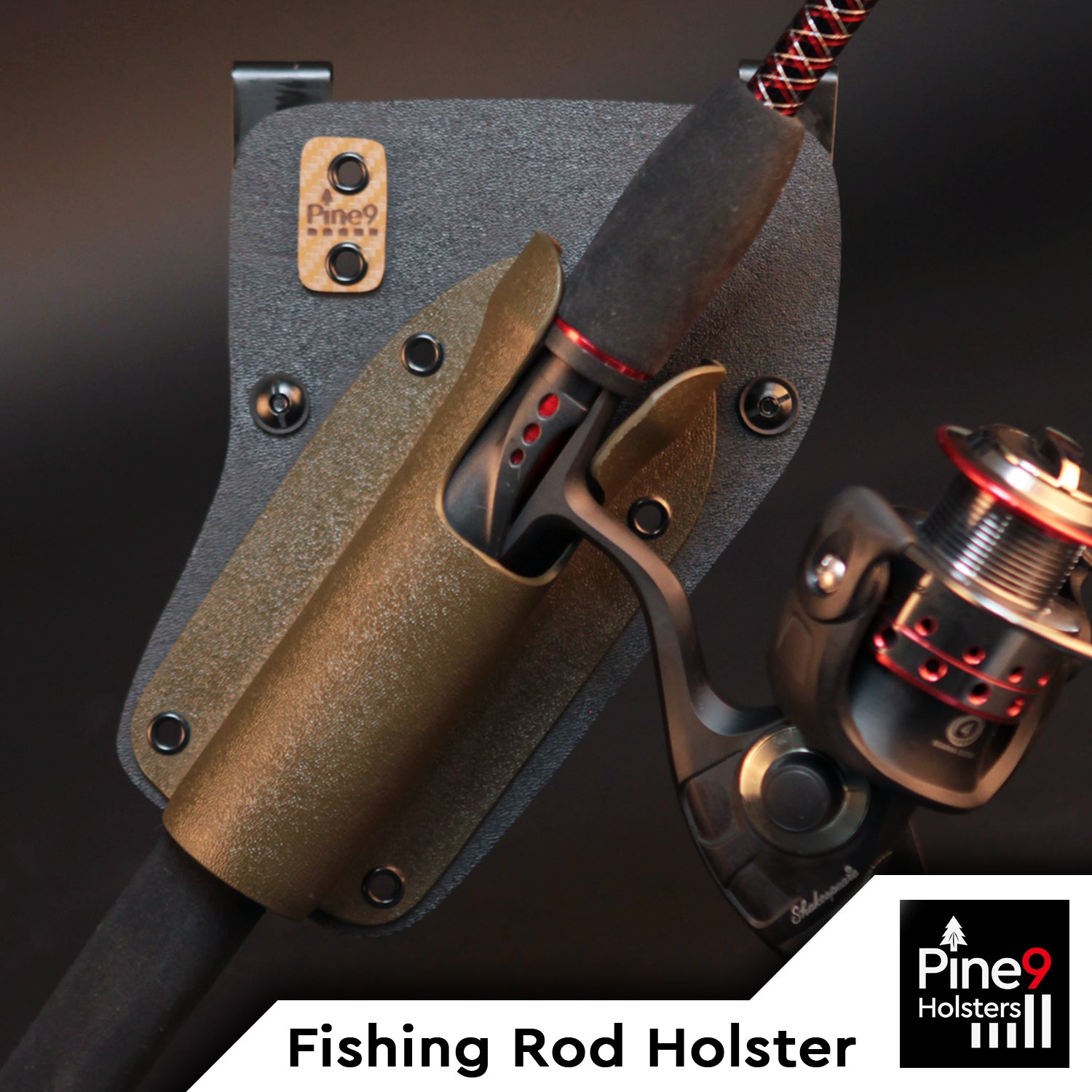Tan Pine 9 fishing rod holster supporting spinning rod and reel in molded channel