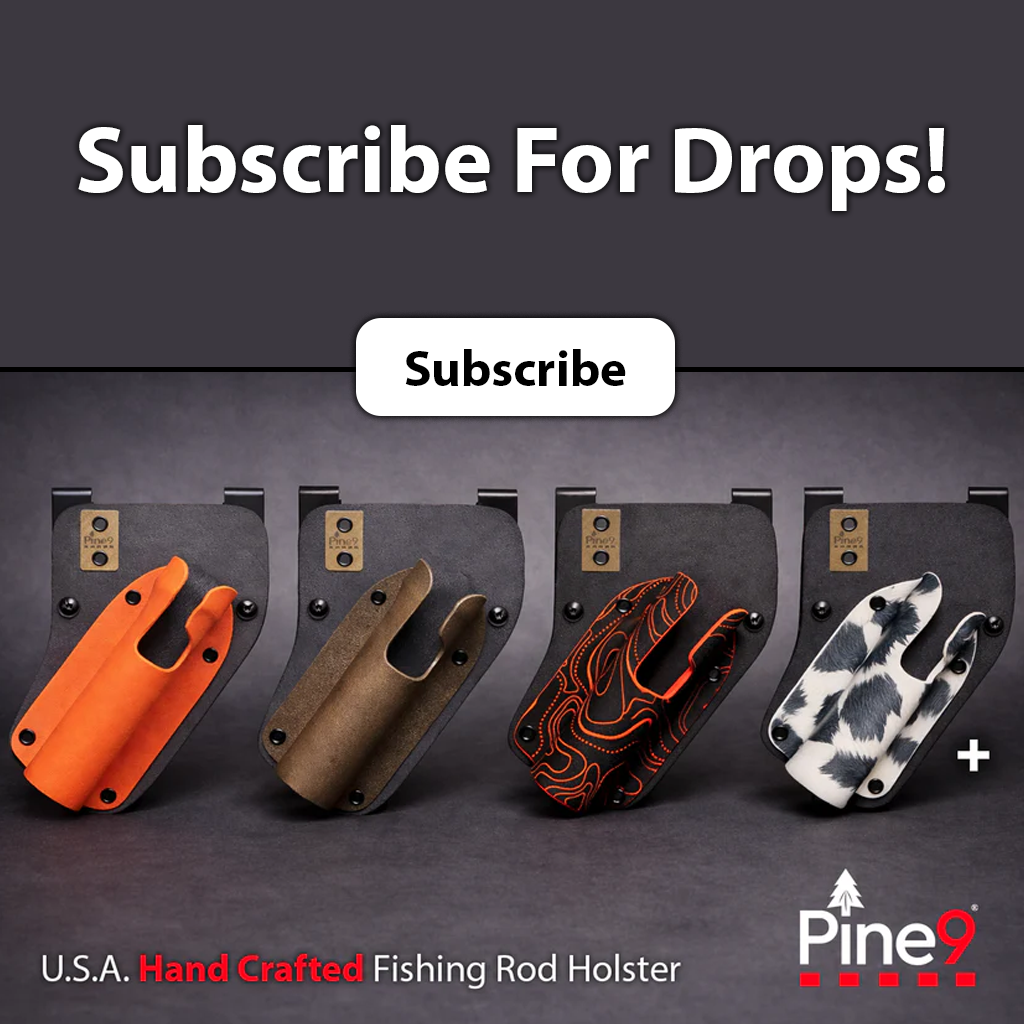 Pine 9 JettyHawk Fishing Rod Holster and Holder Hip Mounted handcrafted holster lineup featuring multiple color options including blaze orange, brown, black with red topo pattern, and camo displayed on grey background with Subscribe for Drops banner