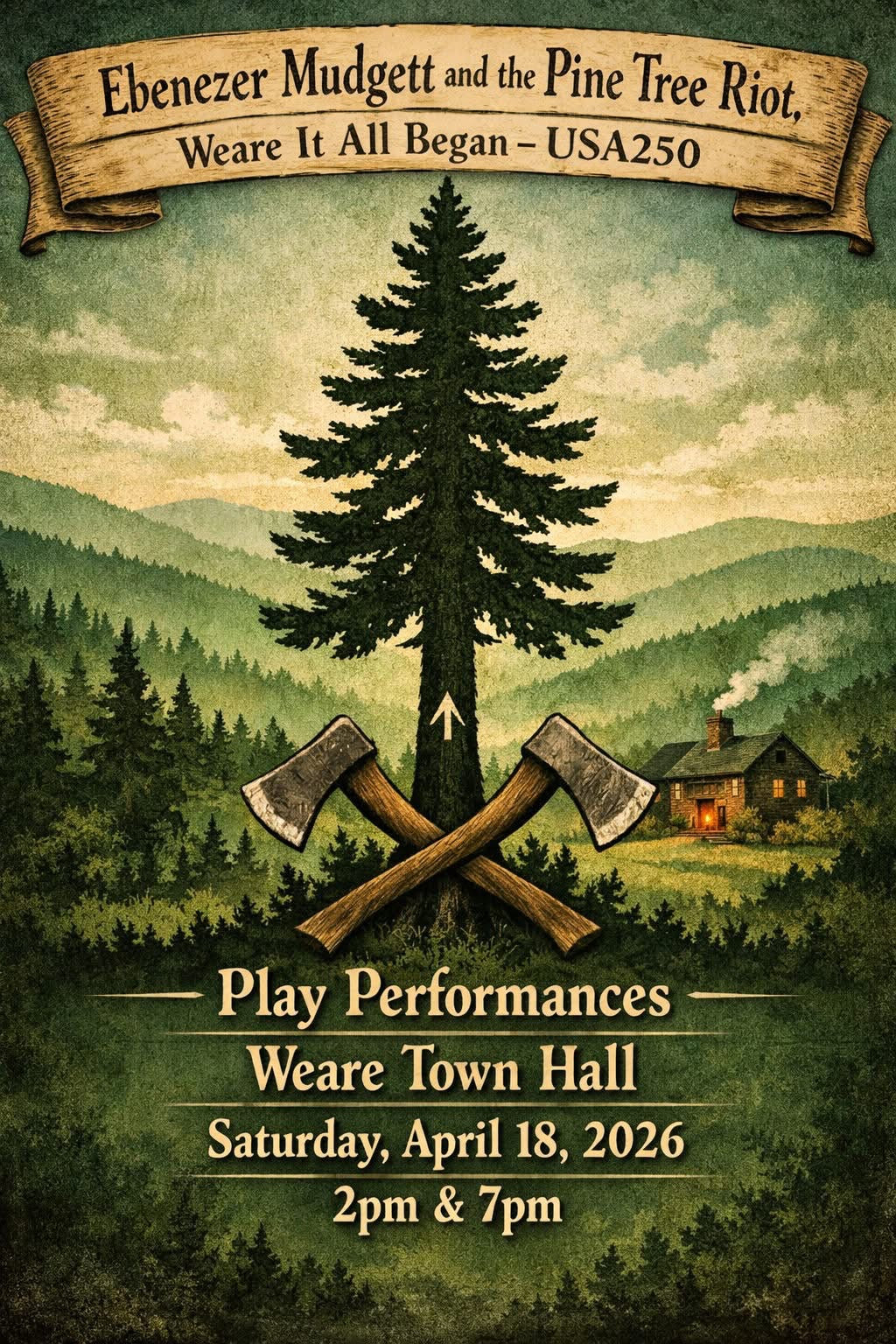 Vintage style Ebenezer Mudgett Pine Tree Riot USA250 poster featuring pine tree crossed axes New England mountains and Weare Town Hall play performance announcement in historic American themed illustration