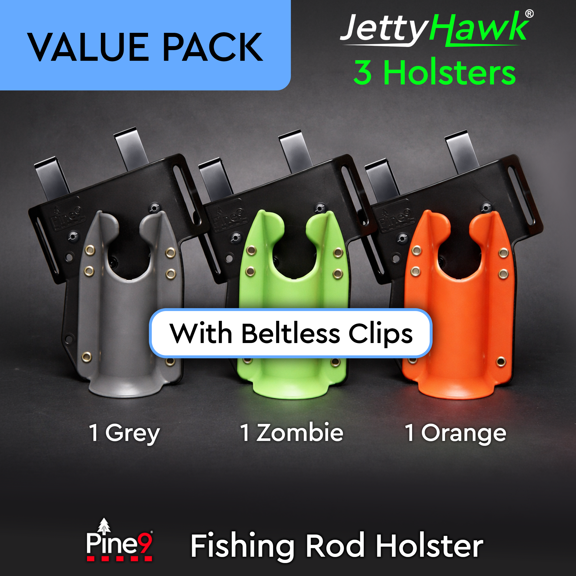 JettyHawk™ 3 Pack Savings - W/Clips-Grey-Zombie-Orange - Fishing Rod Holster