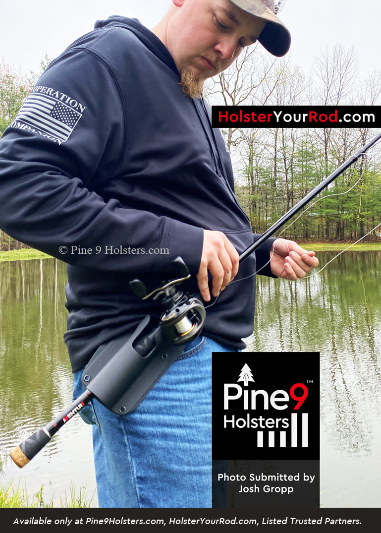 Fisherman wearing Pine 9 fishing rod holster while adjusting fishing line with both hands