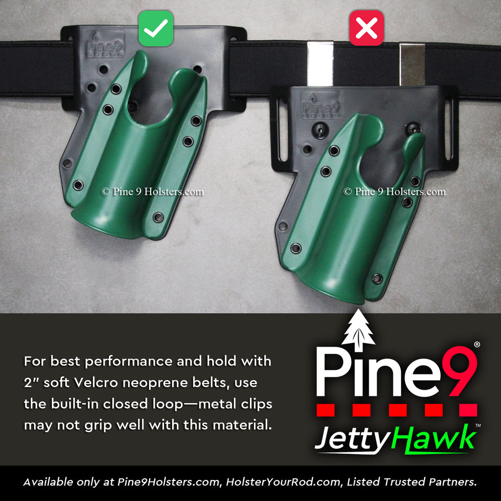 pine 9 JettyHawk fishing rod holster hands free hip rod hip holder grey  product photo showing how it looks on a wading belt