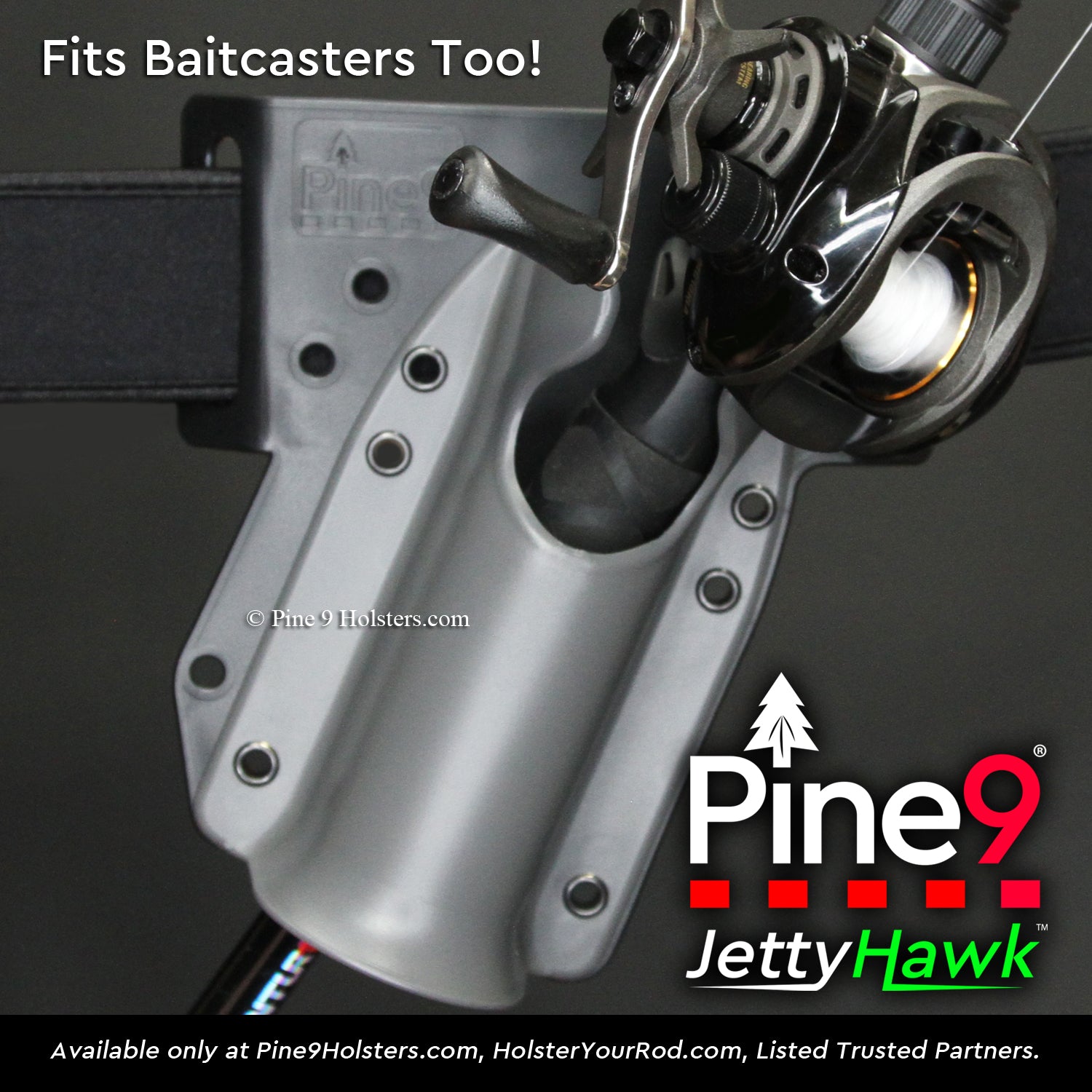 pine 9 JettyHawk fishing rod holster hands free hip rod hip holder grey  product photo showing how it fits with a bait caster