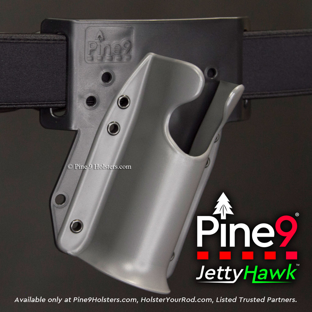 pine 9 JettyHawk fishing rod holster hands free hip rod hip holder grey  product photo showing the holster attached to a 2 inch wading belt