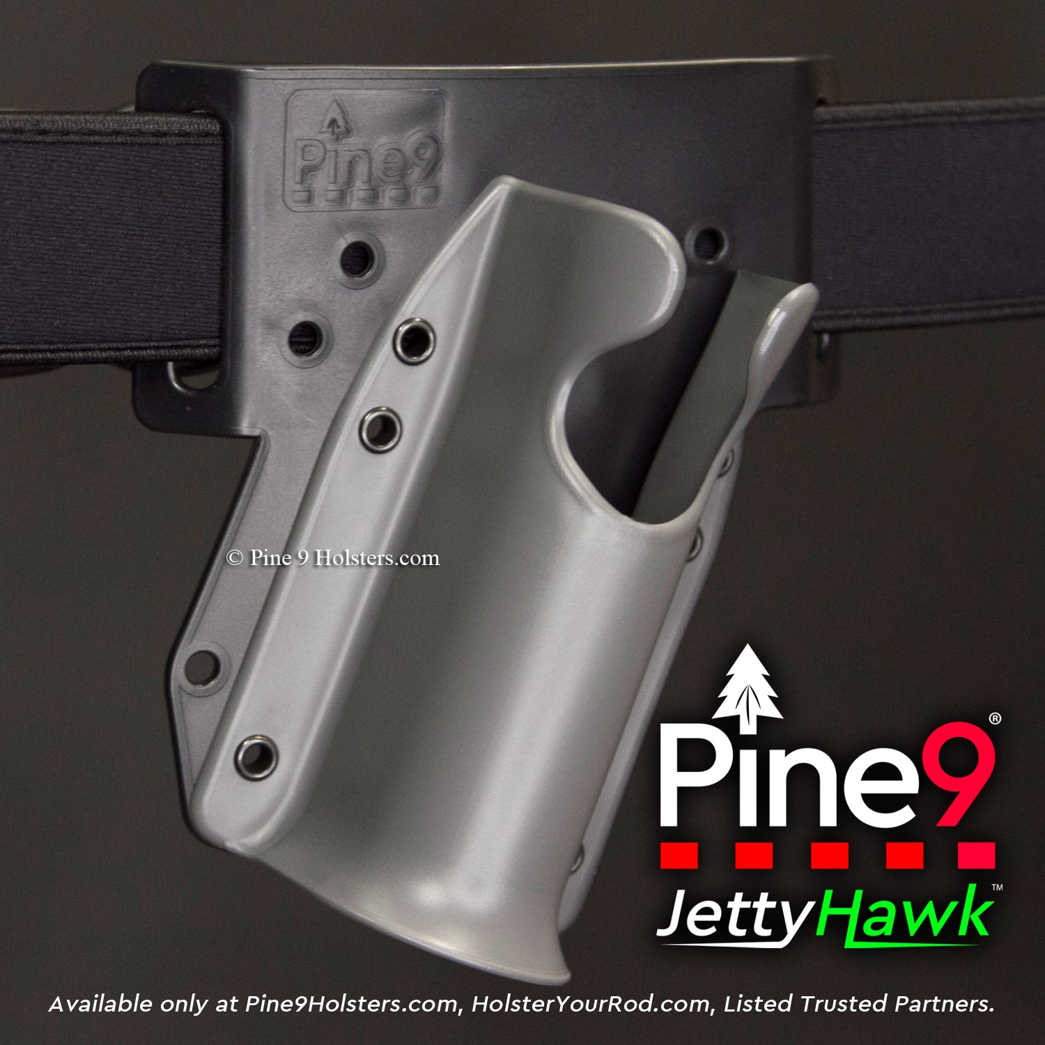 pine 9 JettyHawk fishing rod holster hands free hip rod hip holder grey  product photo showing the holster attached to a 2 inch wading belt