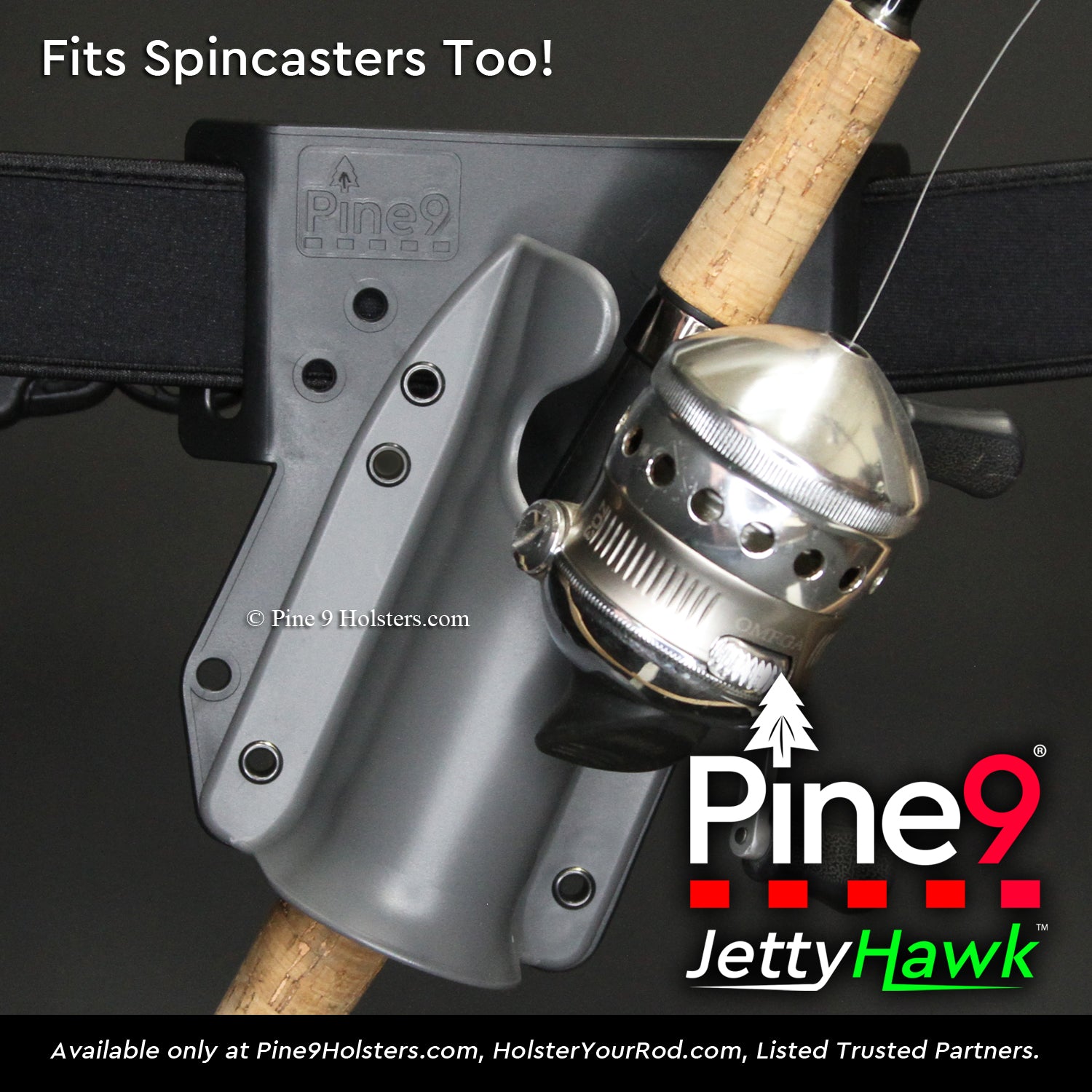 pine 9 JettyHawk fishing rod holster hands free hip rod hip holder grey  product photo showing how it fits with a closed spinning reel
