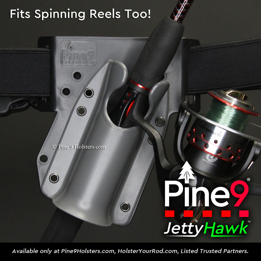 pine 9 JettyHawk fishing rod holster hands free hip rod hip holder grey  product photo showing a spinning reel holstered