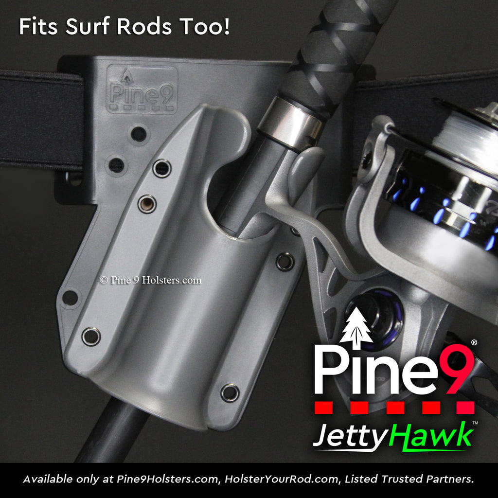 pine 9 JettyHawk fishing rod holster hands free hip rod hip holder grey  product photo showing how it fits with surf rods