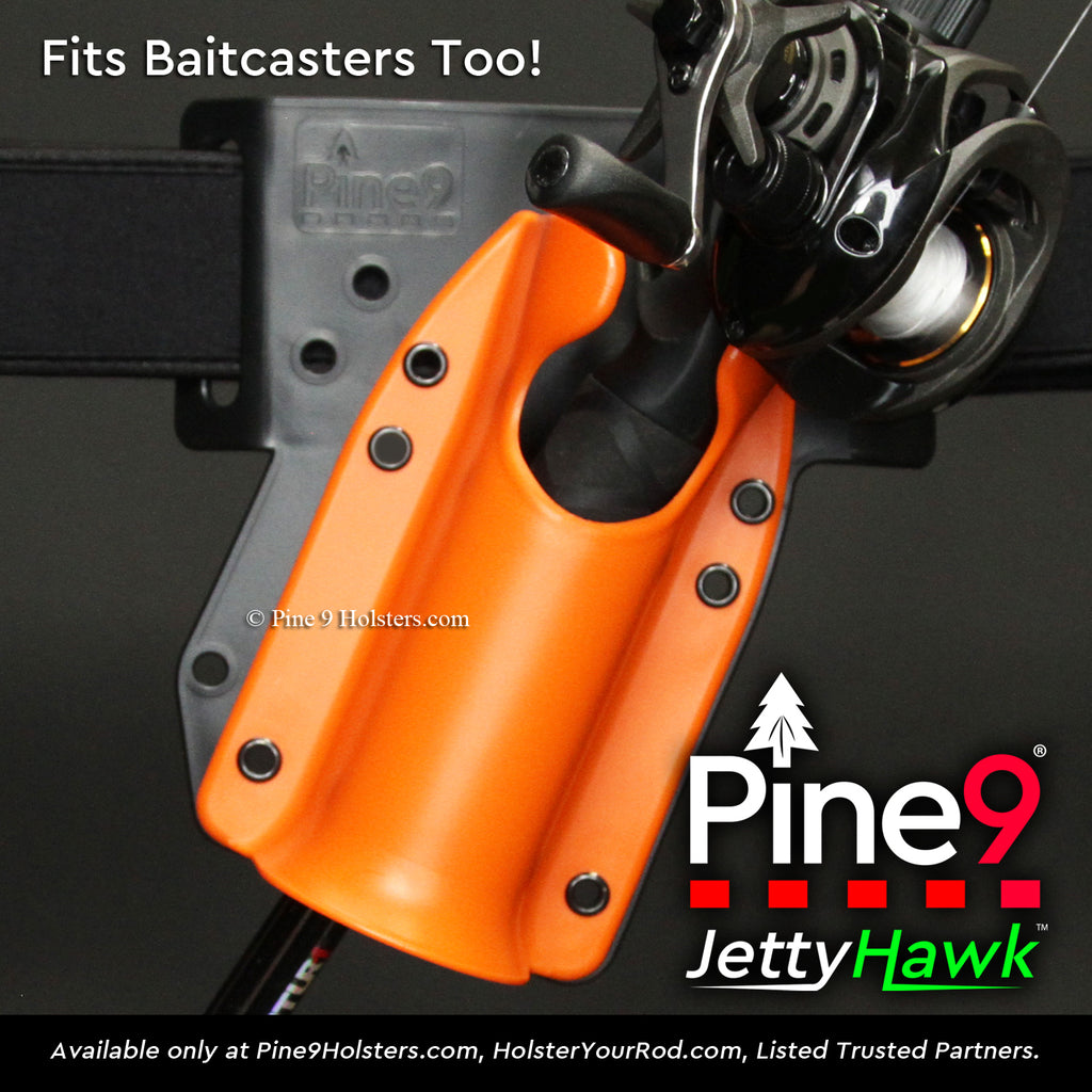 pine 9 JettyHawk fishing rod holster hands free hip rod hip holder grey  product photo showing a bait caster holstered 