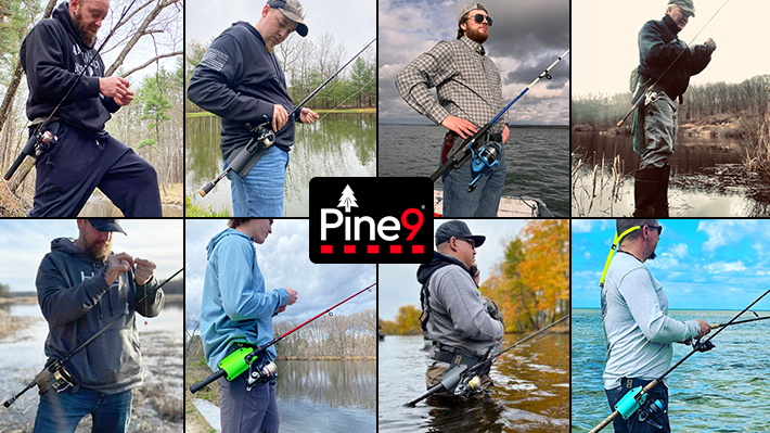 Multiple anglers wearing Pine 9 fishing rod holsters across different fishing environments including bank fishing wading shoreline fishing and cold weather conditions showing belt mounted rod management while tying knots adjusting lures and handling gear with rods secured at hip across freshwater and coastal fishing scenarios