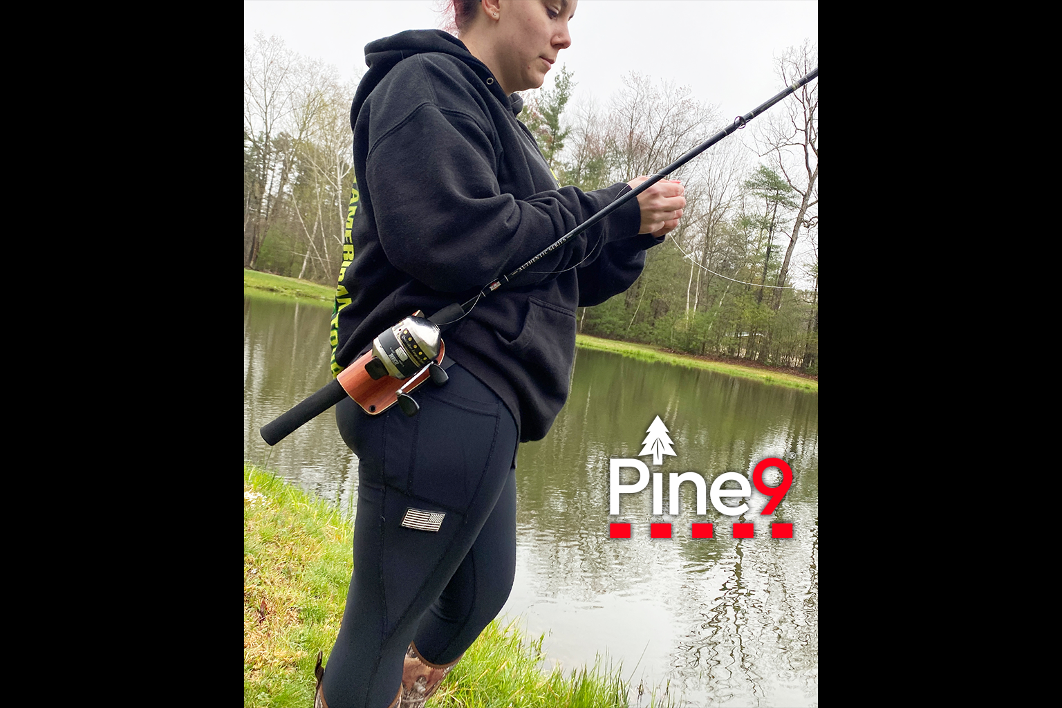 pine 9 JettyHawk fishing rod holster hands free hip rod hip holder girl fixing bait lure and knot with rod in holder