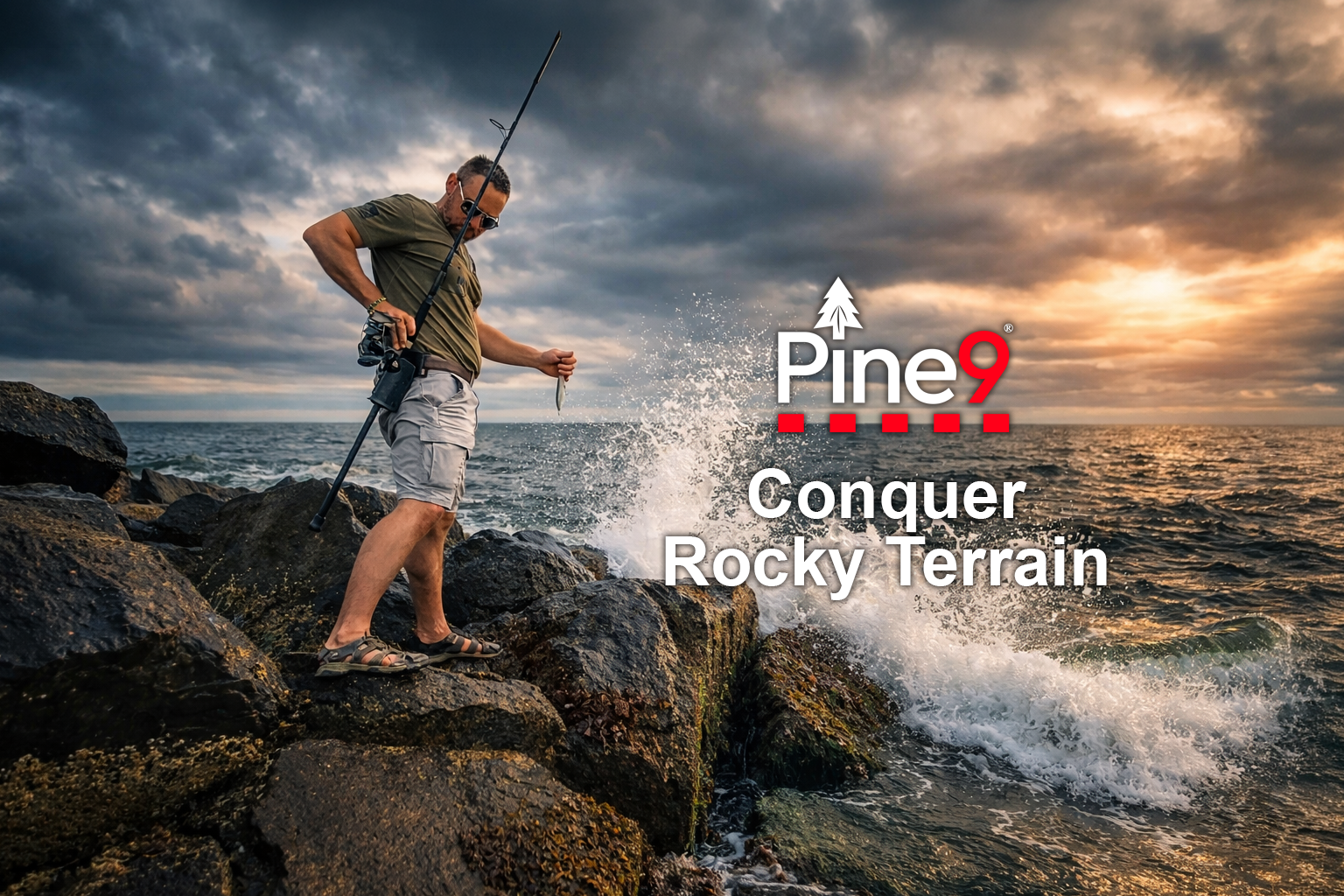 pine 9 JettyHawk fishing rod holster hands free hip rod hip holder conquer rocky terrain while you holster your rod on rocks at the ocean surf fishing