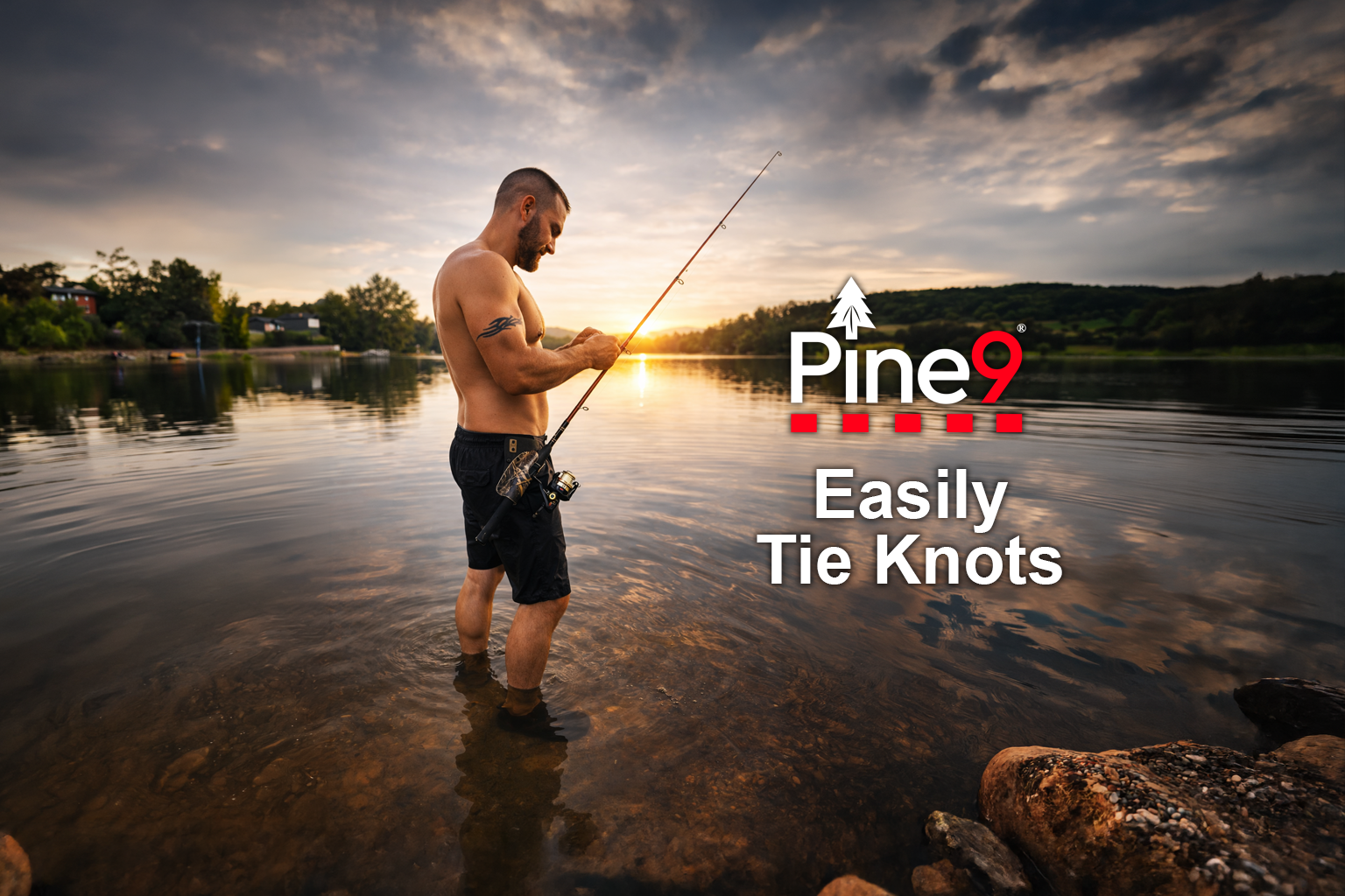 pine 9 JettyHawk fishing rod holster hands free hip rod hip holder man shirtless wade fishing in water using a fishing rod holster tying knots