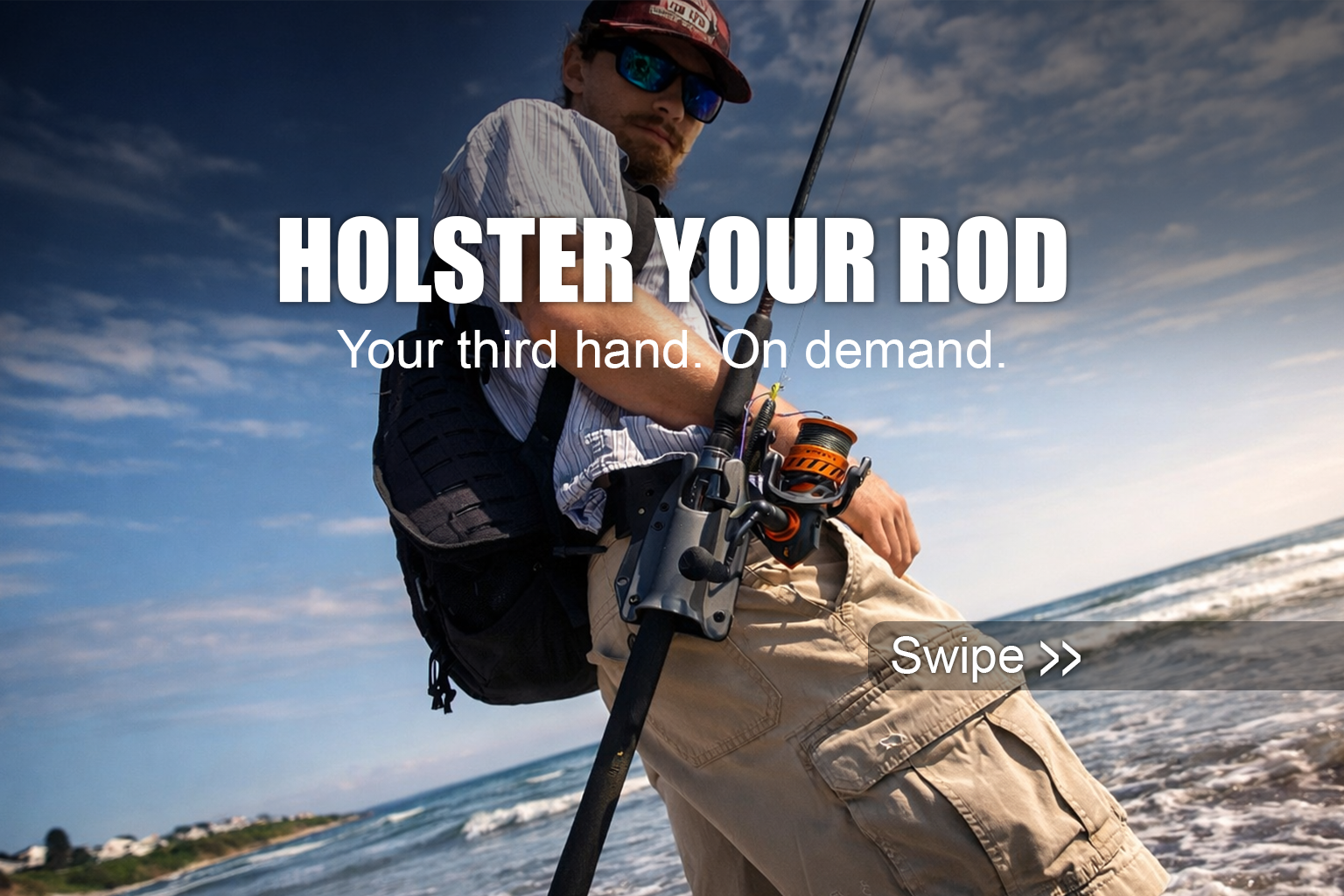 pine 9 JettyHawk fishing rod holster hands free hip rod hip holder man showing off his Jettyhawk holster with the ocean in the background