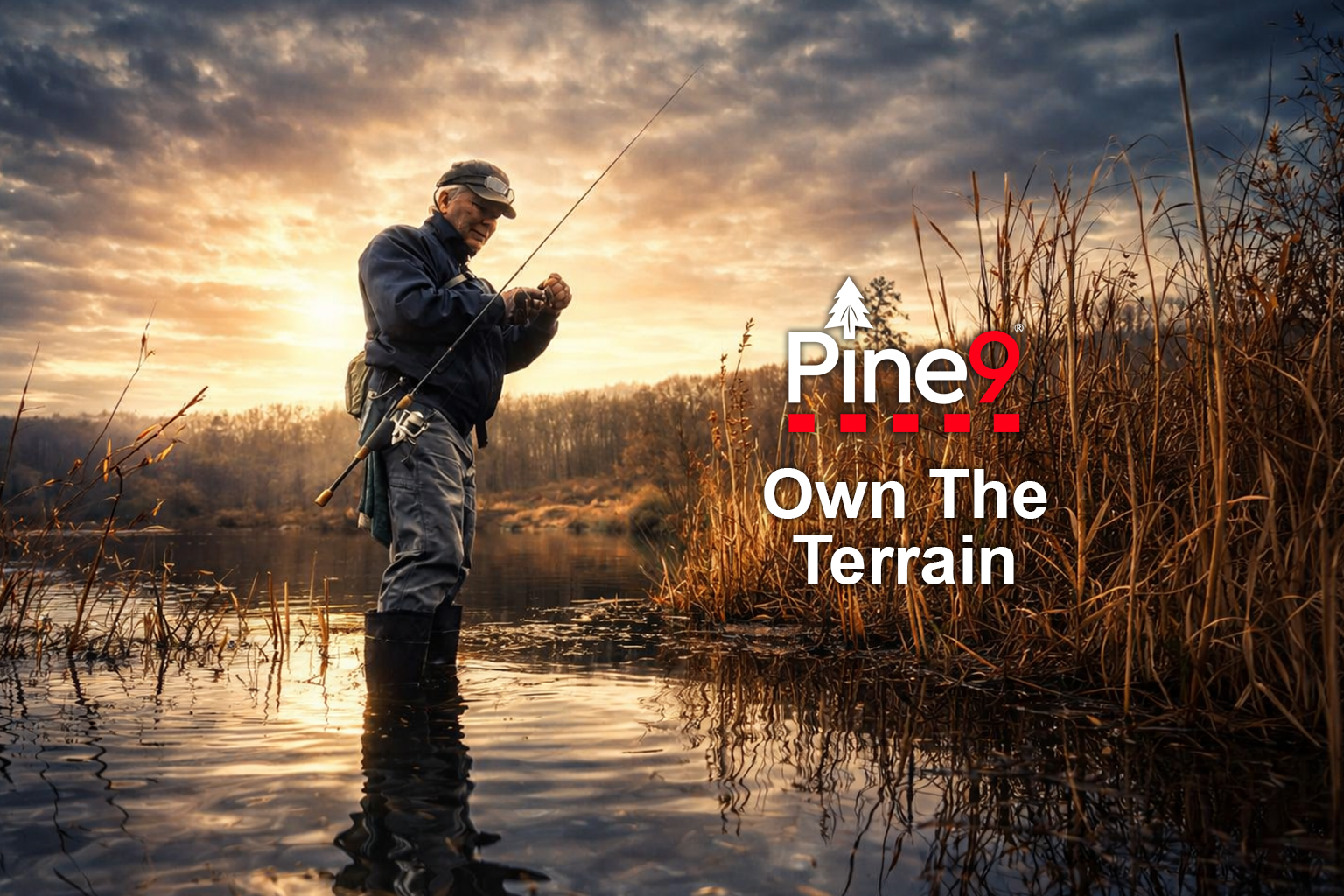 pine 9 JettyHawk fishing rod holster hands free hip rod hip holder older man owning the terrain as he wade fishes in water surrounded by fall scenery 