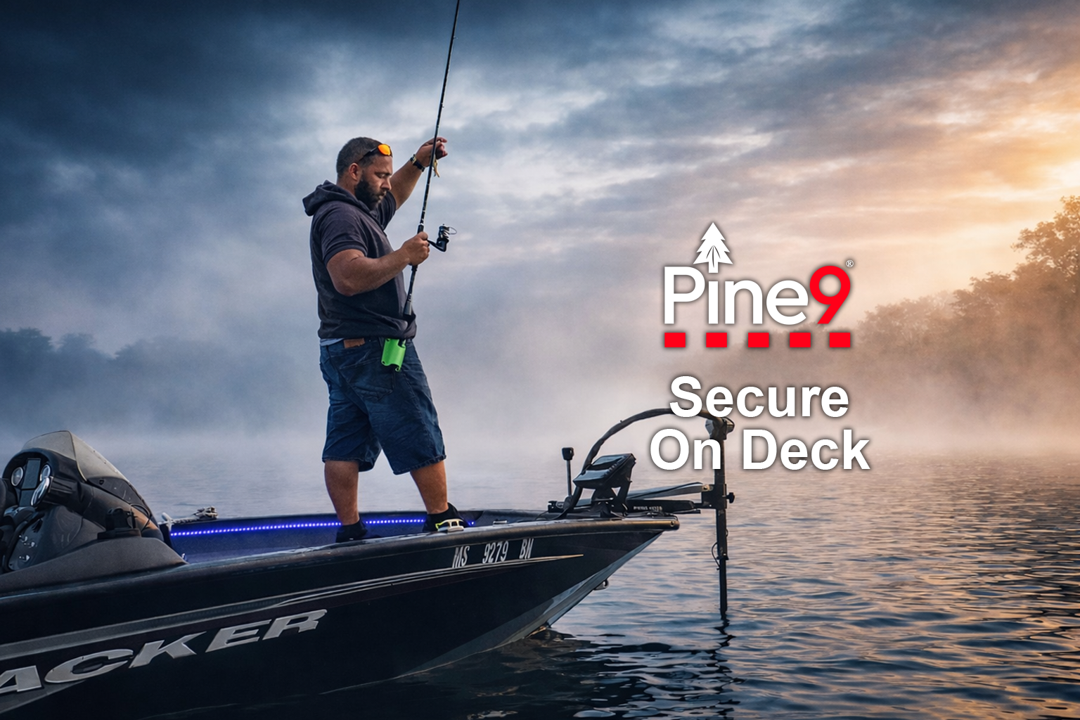 pine 9 JettyHawk fishing rod holster hands free hip rod hip holder man fishing in a bass boat holstering his fishing rod secure on deck