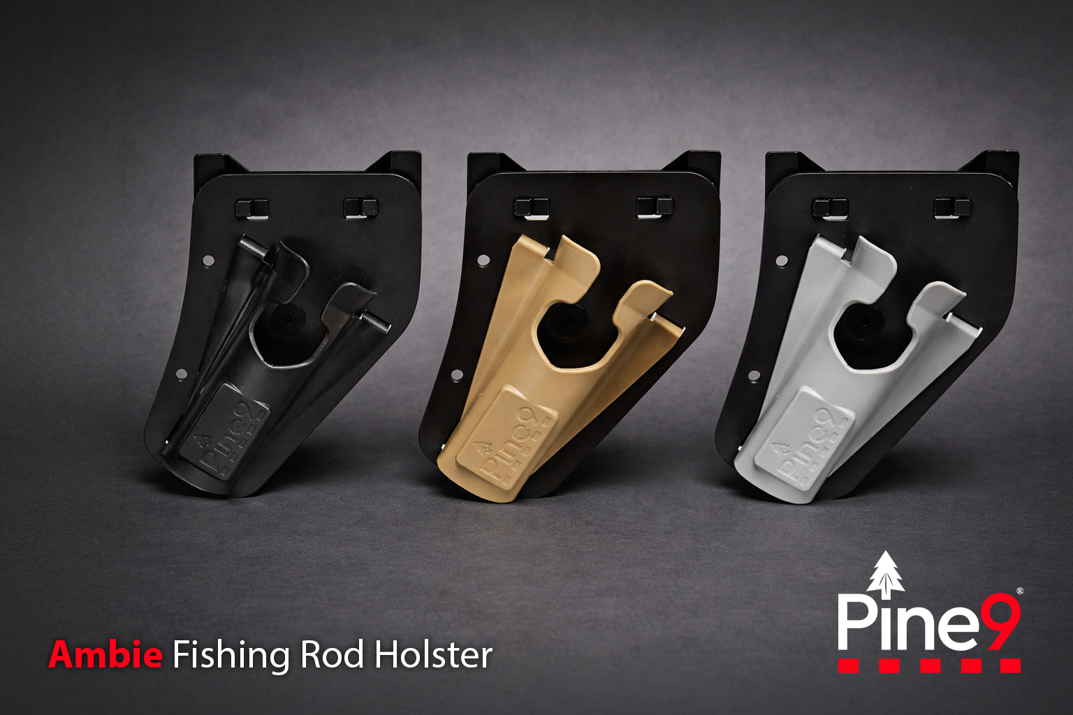 Pine 9 JettyHawk Ambie fishing rod holster lineup featuring ambidextrous rod management design allowing left or right side carry while securely holding spinning rods and preventing rods from being dropped or set on ground while tying knots changing lures or handling fish