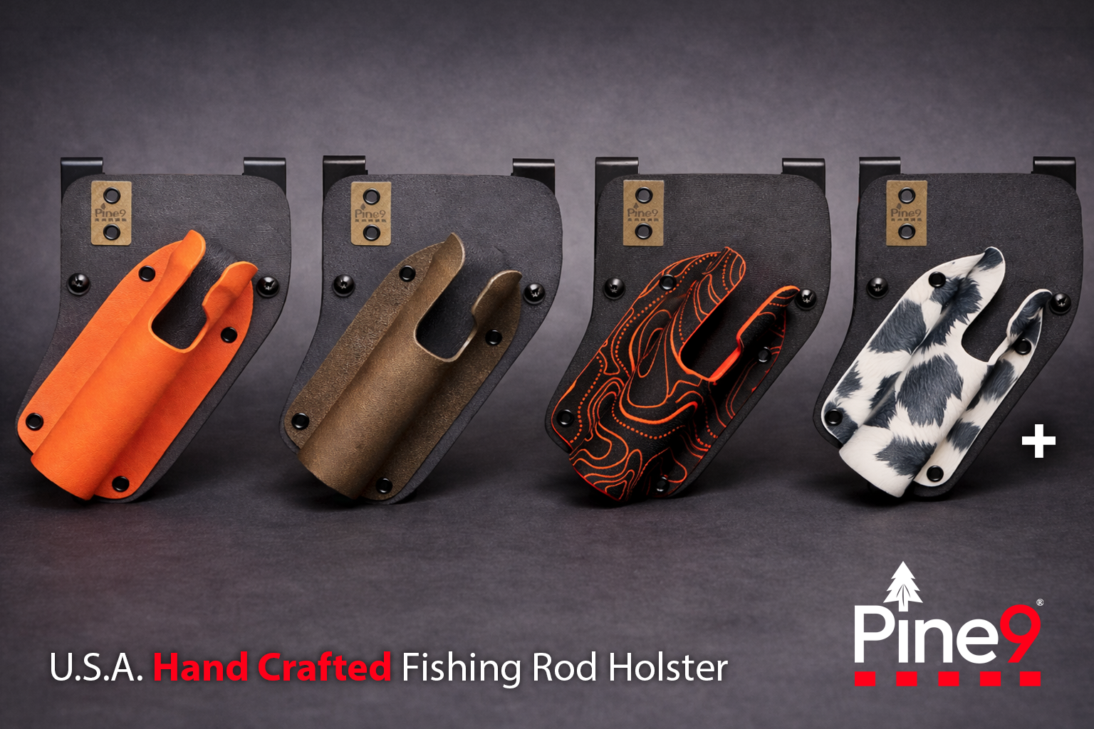 Pine 9 JettyHawk hand crafted fishing rod holster lineup featuring USA made custom finishes designed for secure rod management while tying knots changing lures and preventing rods from being dropped on rocks sand mud or water