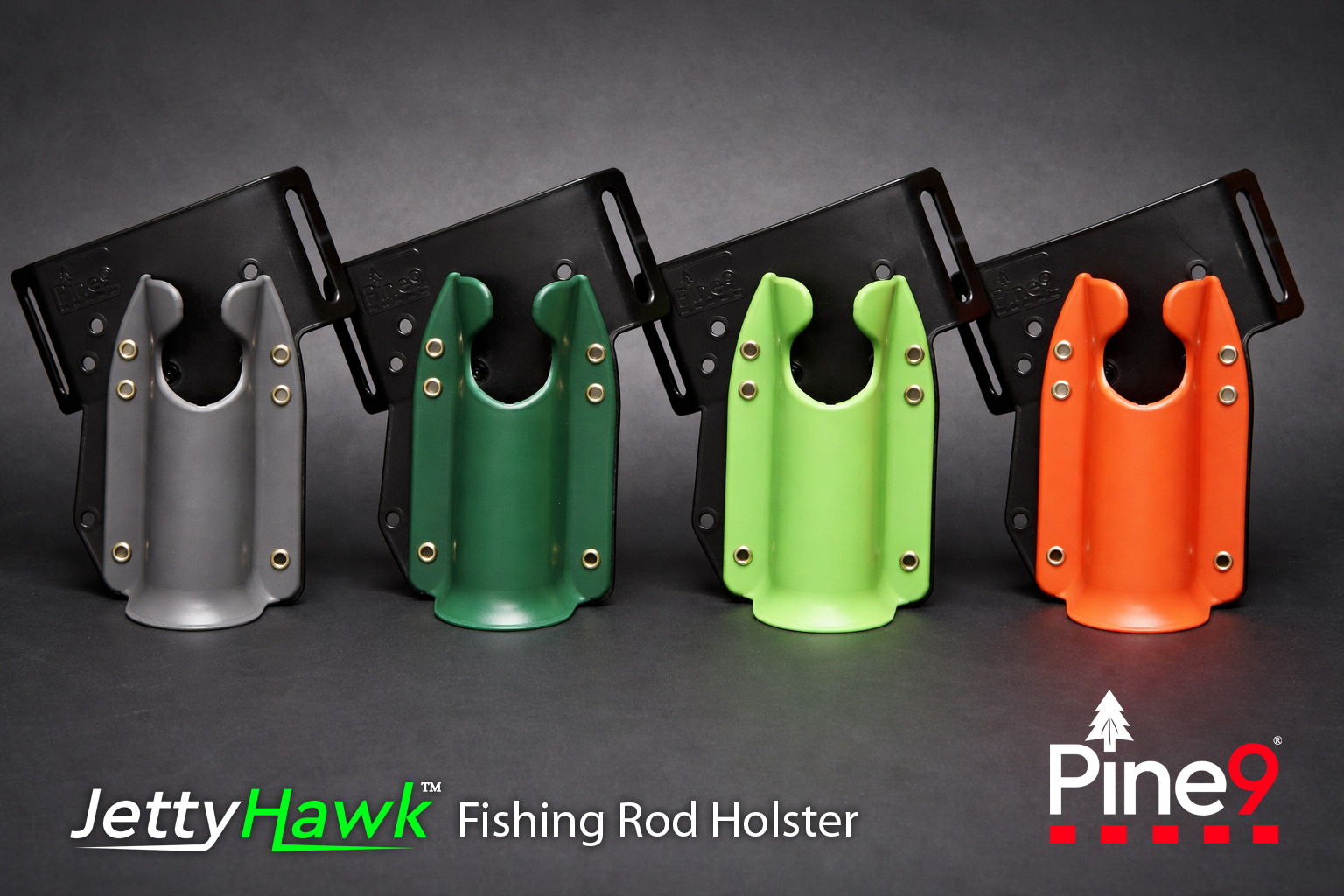Pine 9 JettyHawk fishing rod holster color lineup featuring interchangeable inserts designed for secure rod management preventing spinning rods from slipping dropping or contacting ground while tying knots changing lures or handling fish