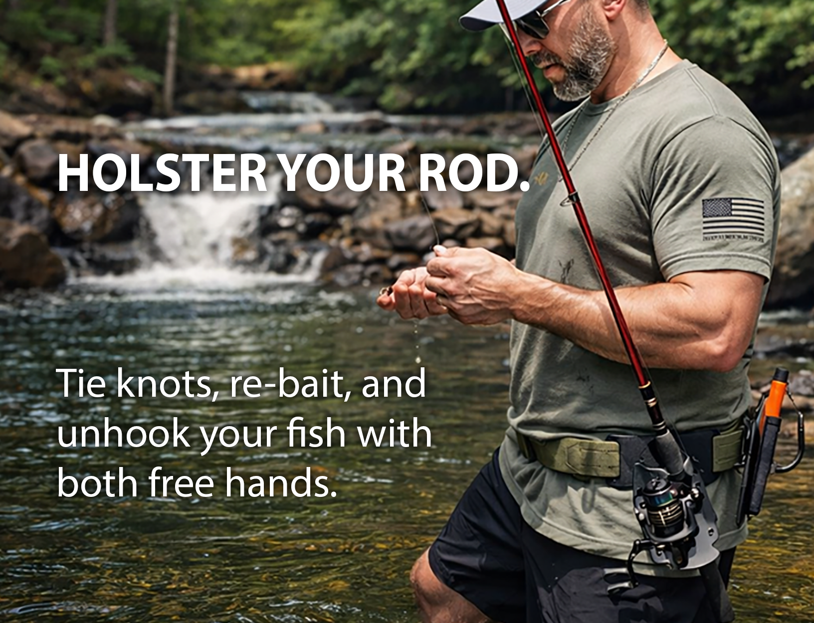 Angler wading rocky river using Pine 9 JettyHawk fishing rod holster to secure spinning rod while tying knot preventing rod from being dropped in water or set on wet rocks during freshwater stream fishing