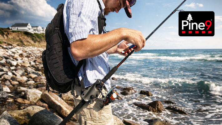 Surfcaster standing on rocky shoreline using Pine 9 JettyHawk fishing rod holster mounted to belt while tying lure showing rod secured at hip backpack gear coastal fishing environment and stable rod management during surf fishing on uneven rocks