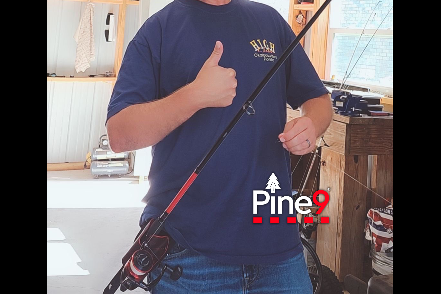pine 9 JettyHawk fishing rod holster hands free hip rod hip holder man giving thumbs up happy about his holster while standing in kitchen