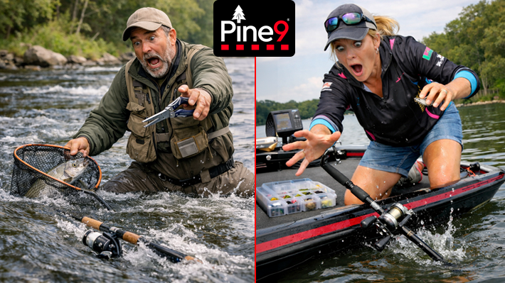 Two anglers reacting as fishing rods fall into water while landing fish and managing gear one standing in moving river current with net and tools and one on bass boat reaching for slipping rod illustrating common rod management problem when both hands are needed during active fishing situations without a Pine 9 fishing rod holster